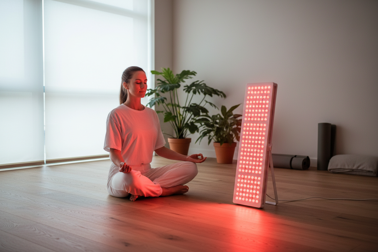VitalNordics Woman Using Red Light Therapy in Yoga Room